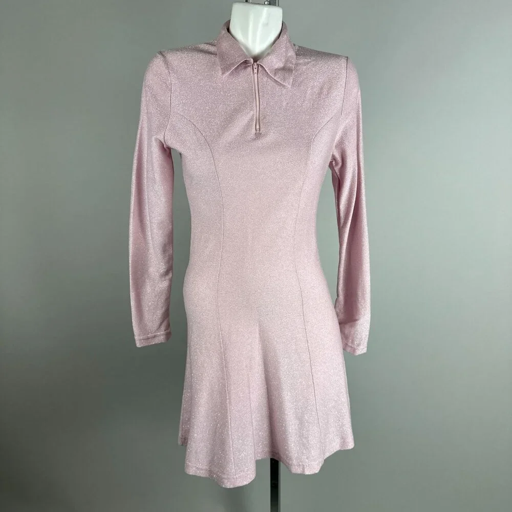Vintage 90s Pastel Pink Silver Sparkle Skater Dress Tinsel Metallic Club Kid Med - Picture 2 of 6